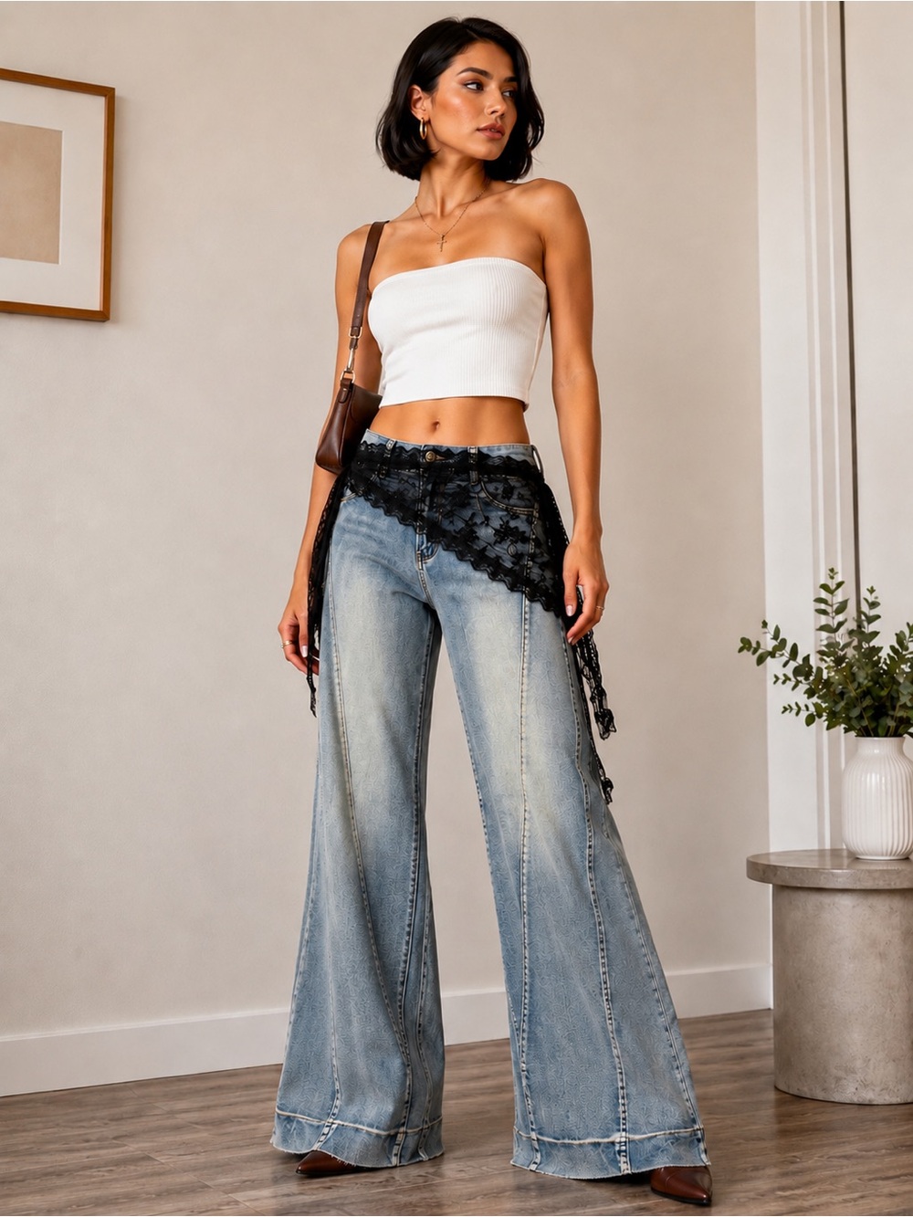 Wide Leg Light Blue Jeans with Lace Accent -Classic High-Rise Fit